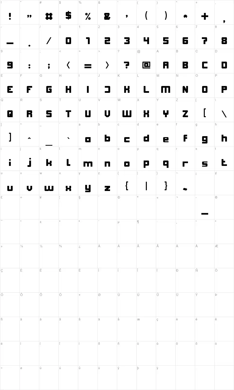 Sub Urban Cityfont character map