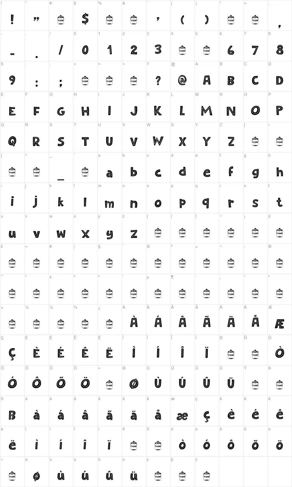 Sugarloaffont character map