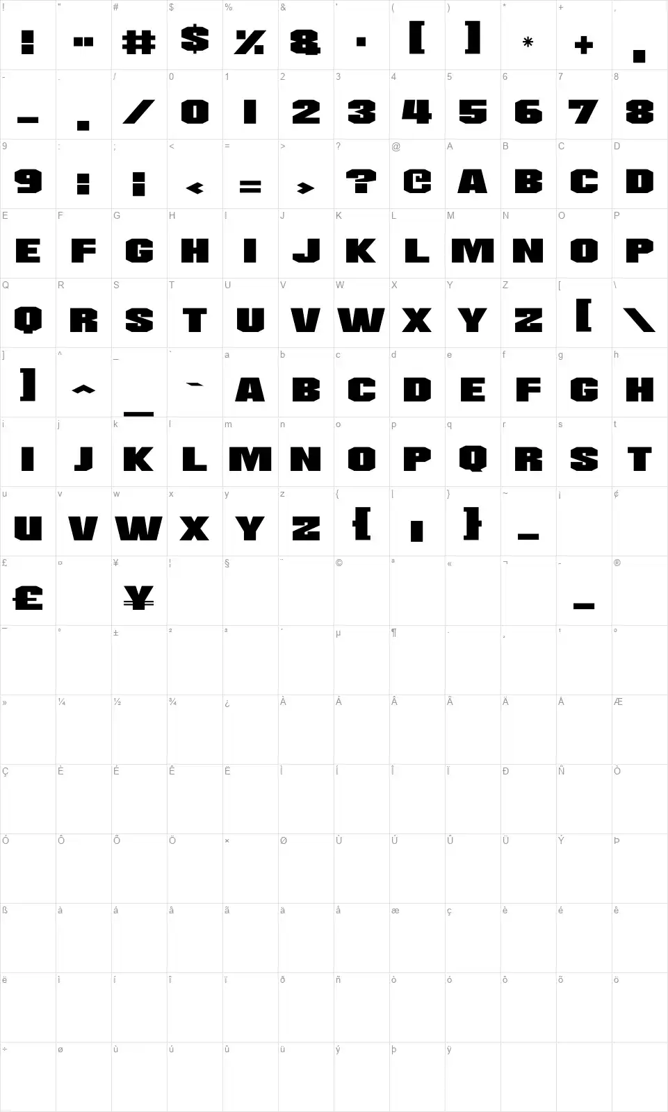Supernovasfont character map