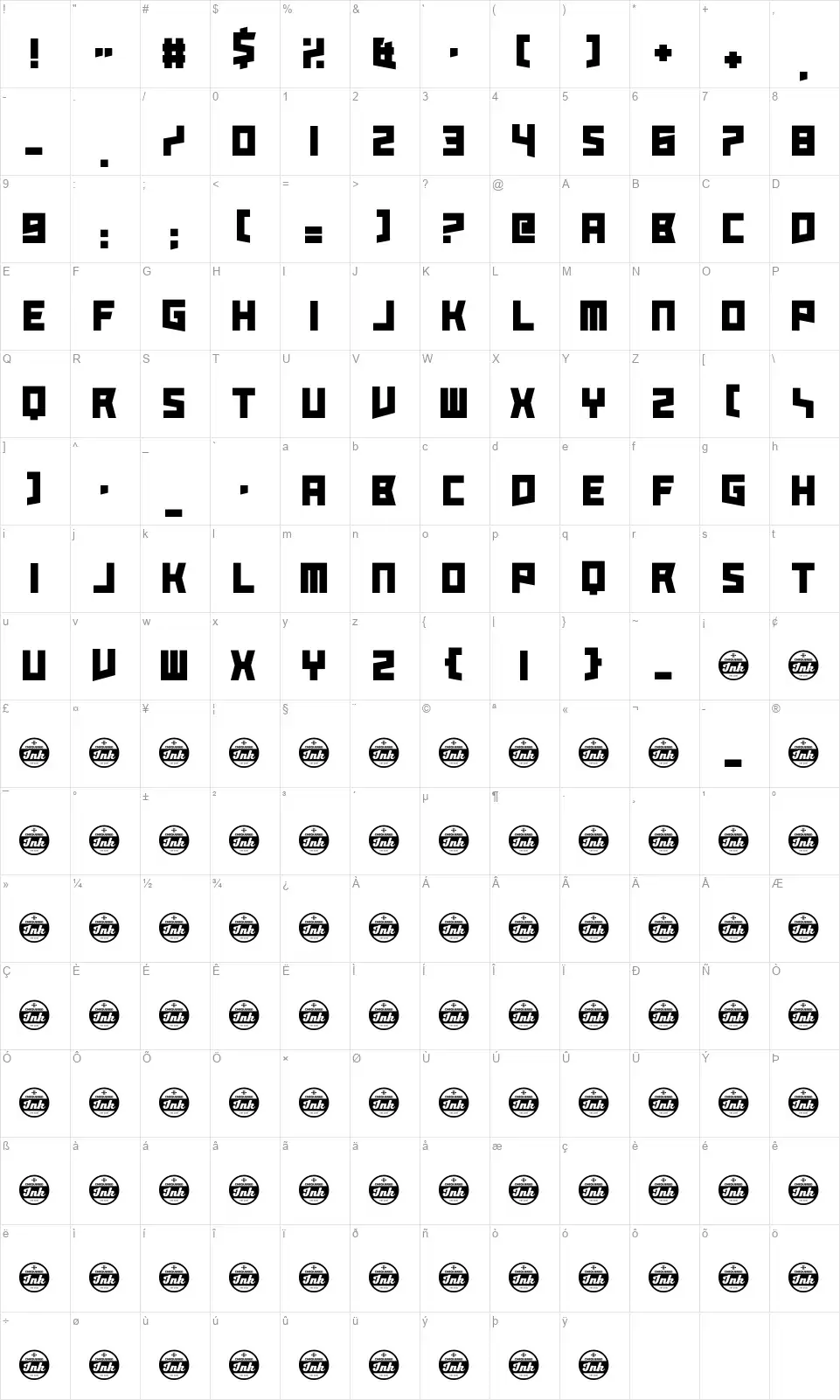 Take Me Outfont character map