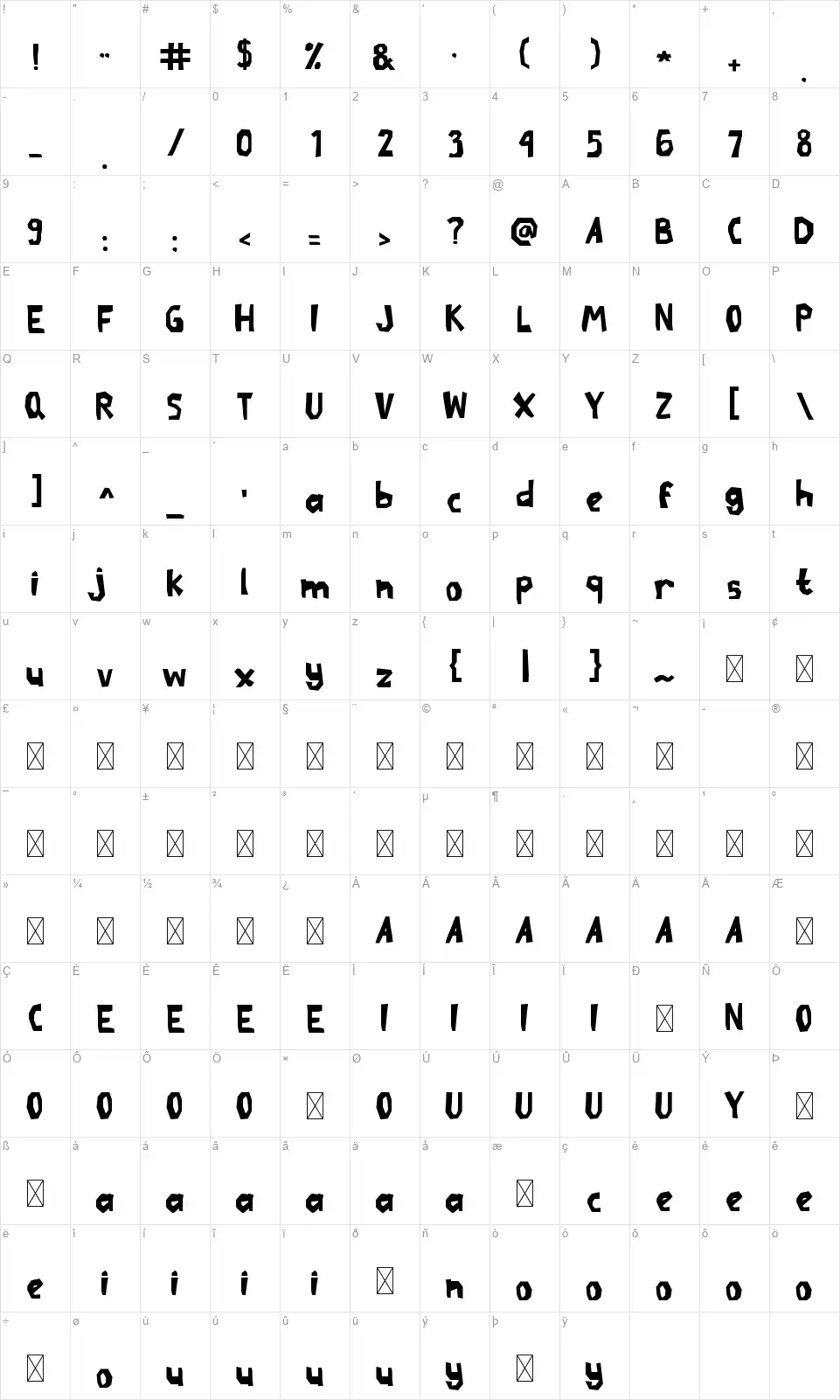 Tecodeko Karakter haritası Tecodekofont character map