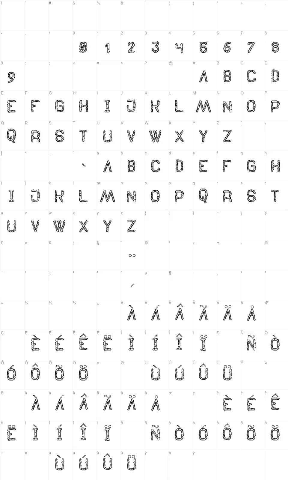 Tenebrous Stfont character map
