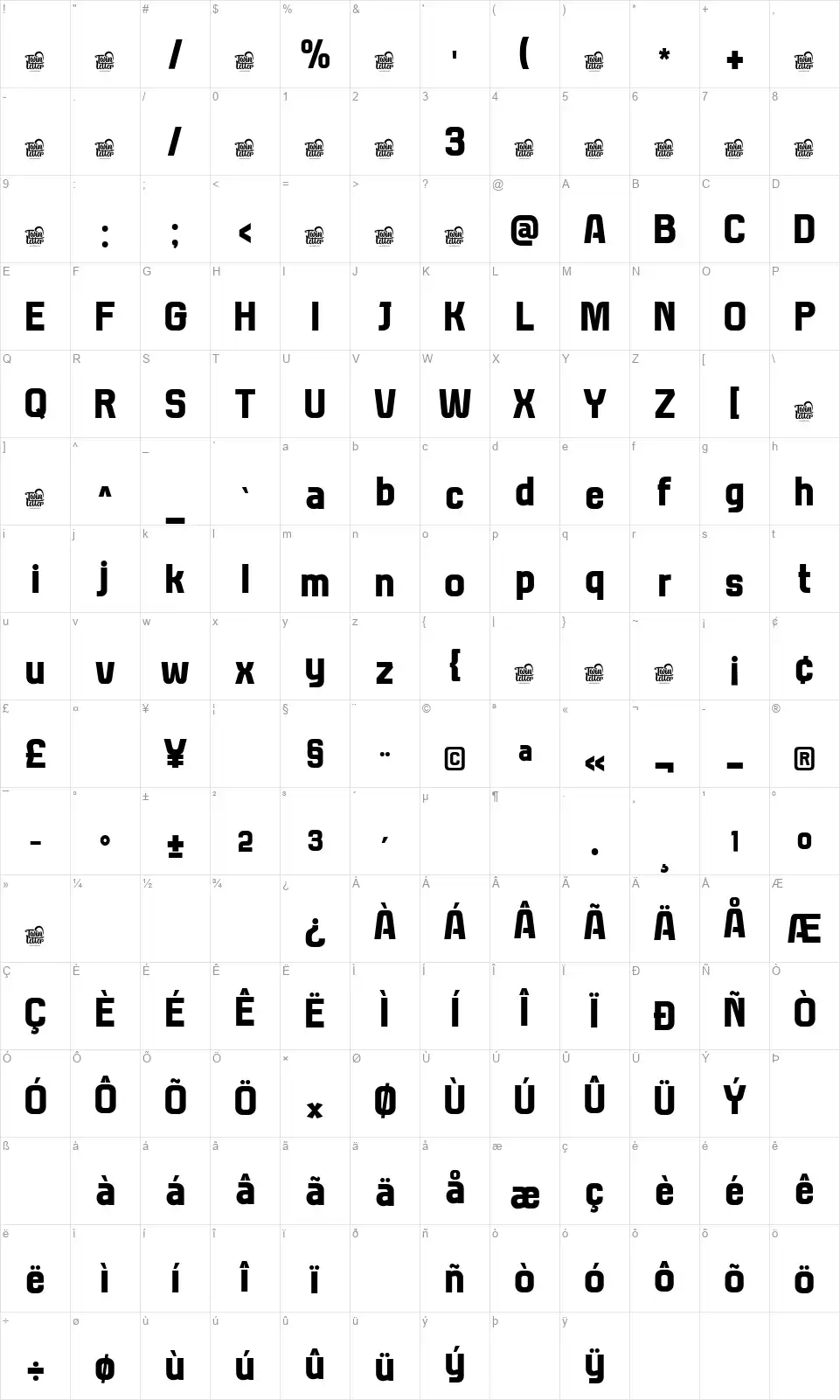 Thaber Blads Karakter haritası Thaber Bladsfont character map