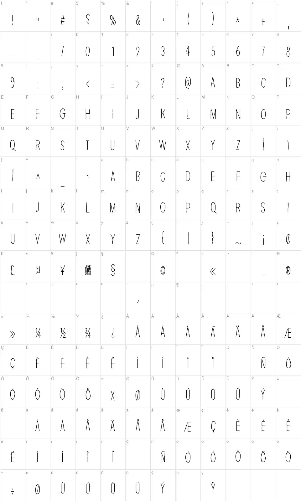 Thin kingfont character map