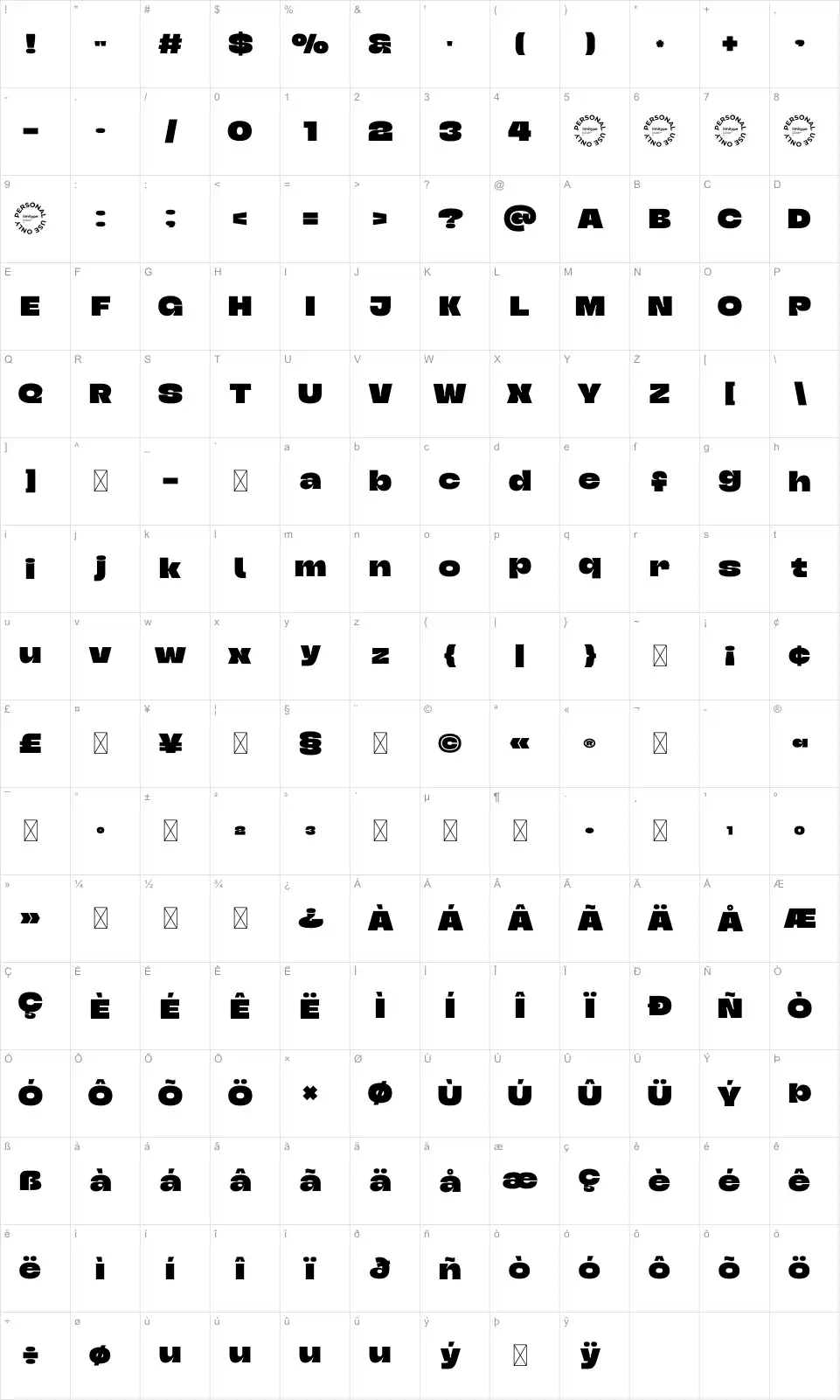 Triver Karakter haritası Triverfont character map