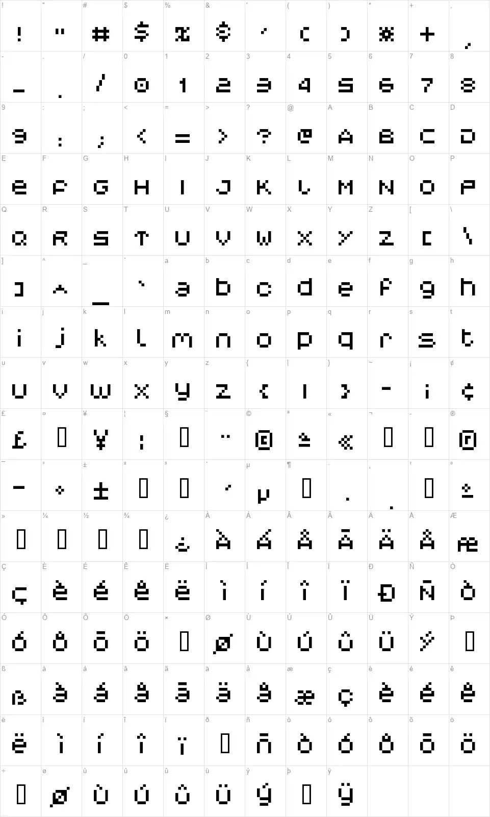 V5 Myopiafont character map