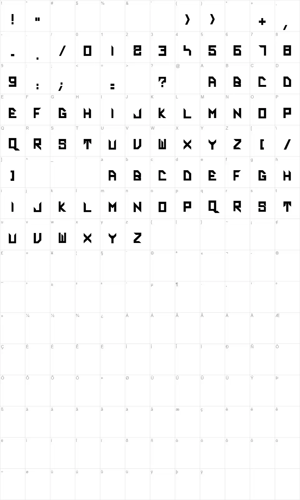 Vador Blackfont character map