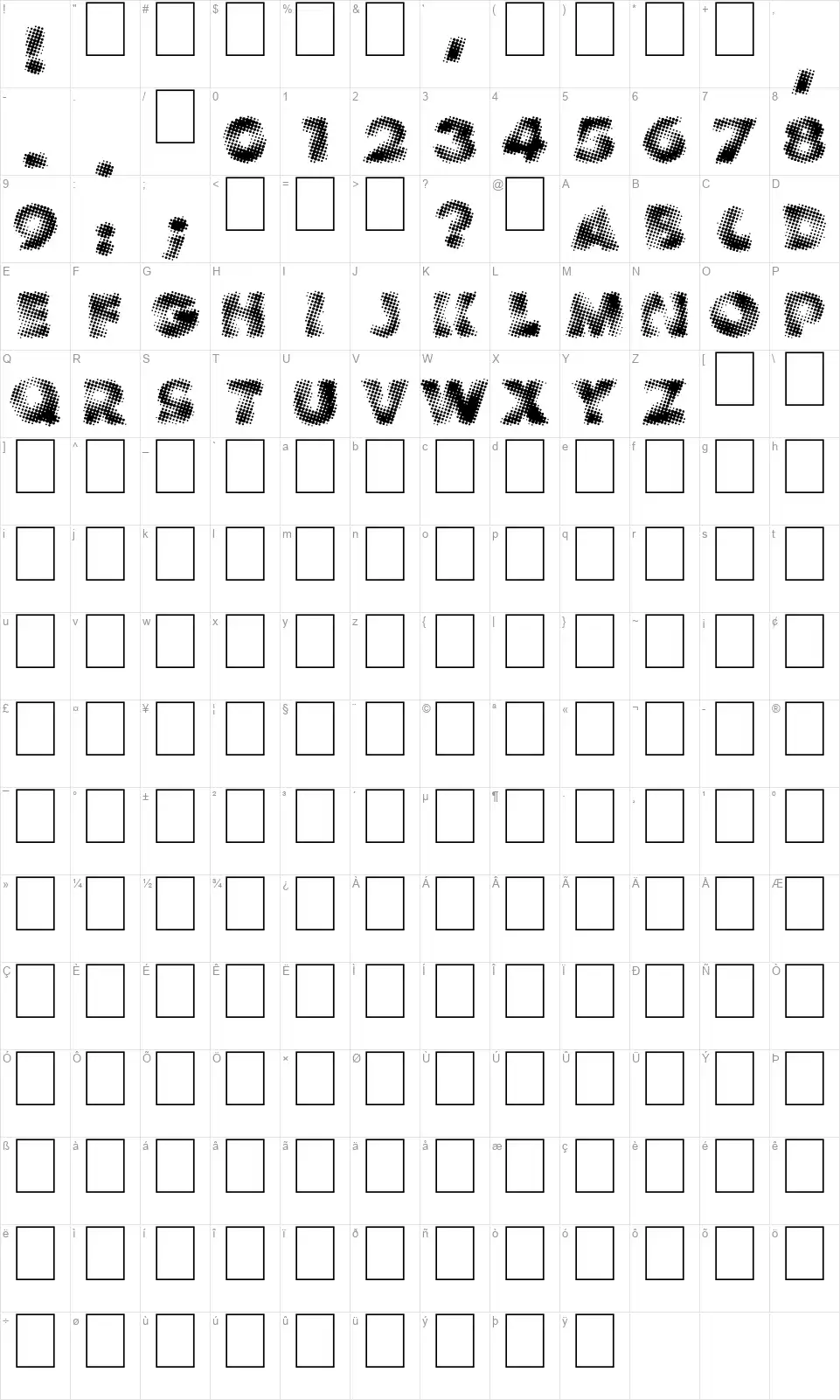 Vanishedfont character map