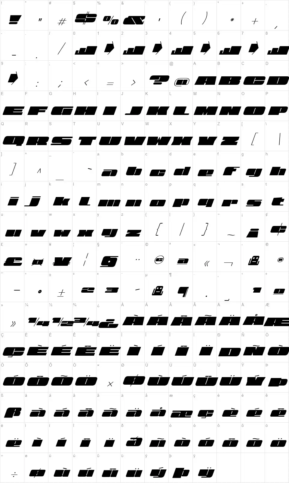 View Slantfont character map
