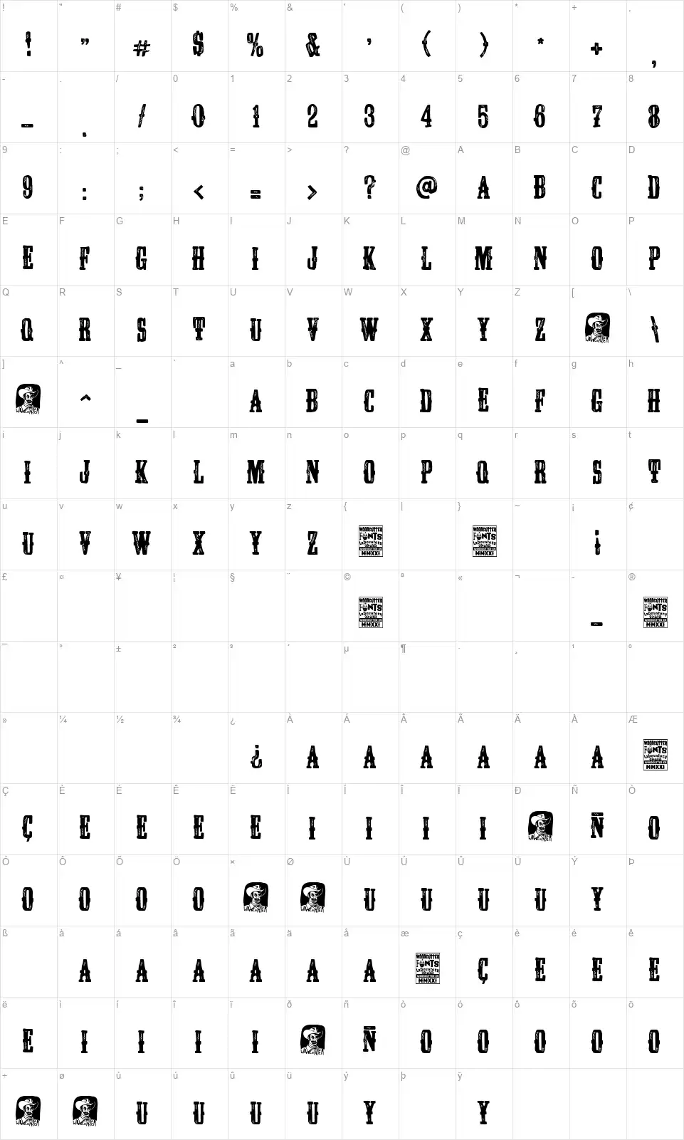 Wild United Statefont character map