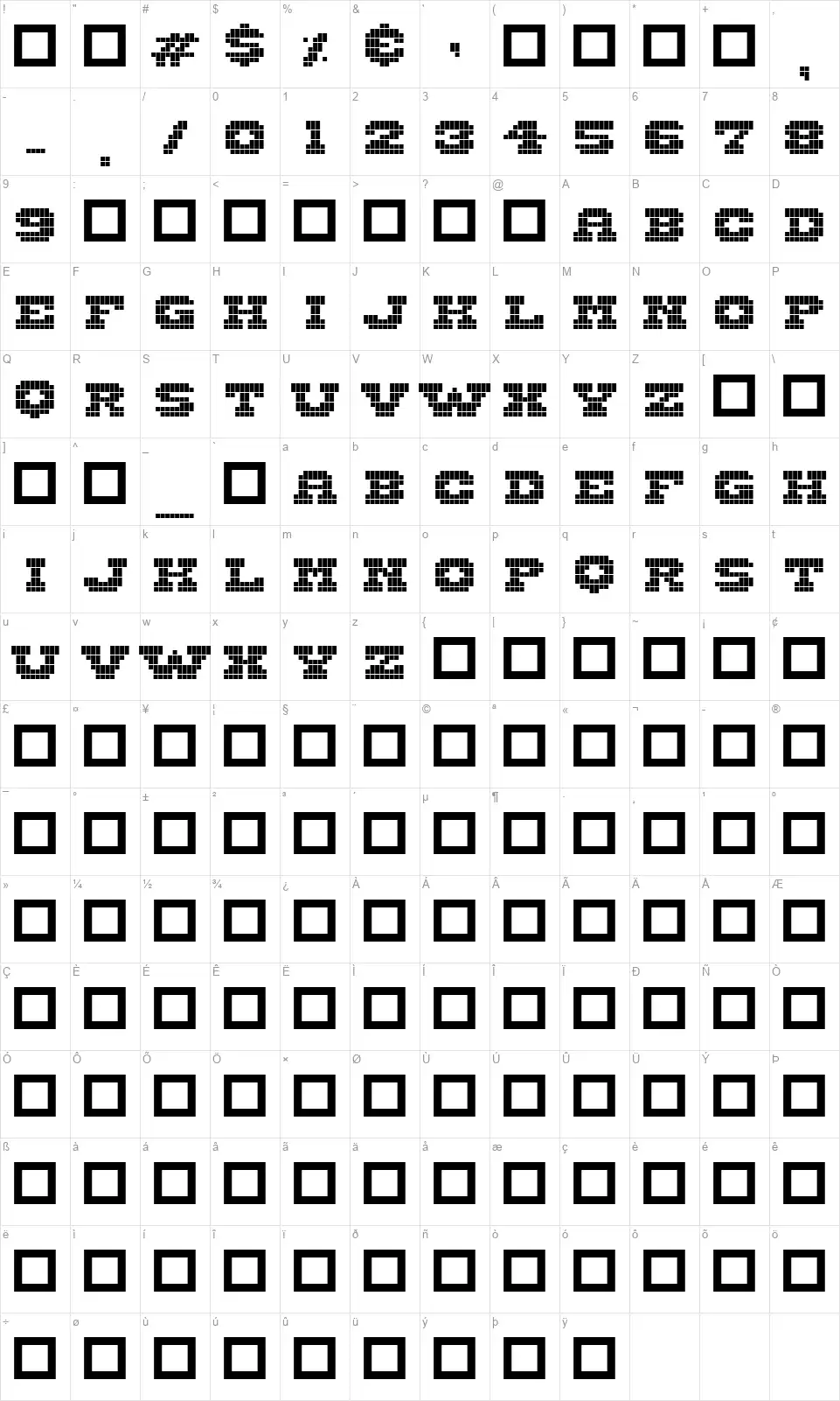 Wild West Pixelfont character map