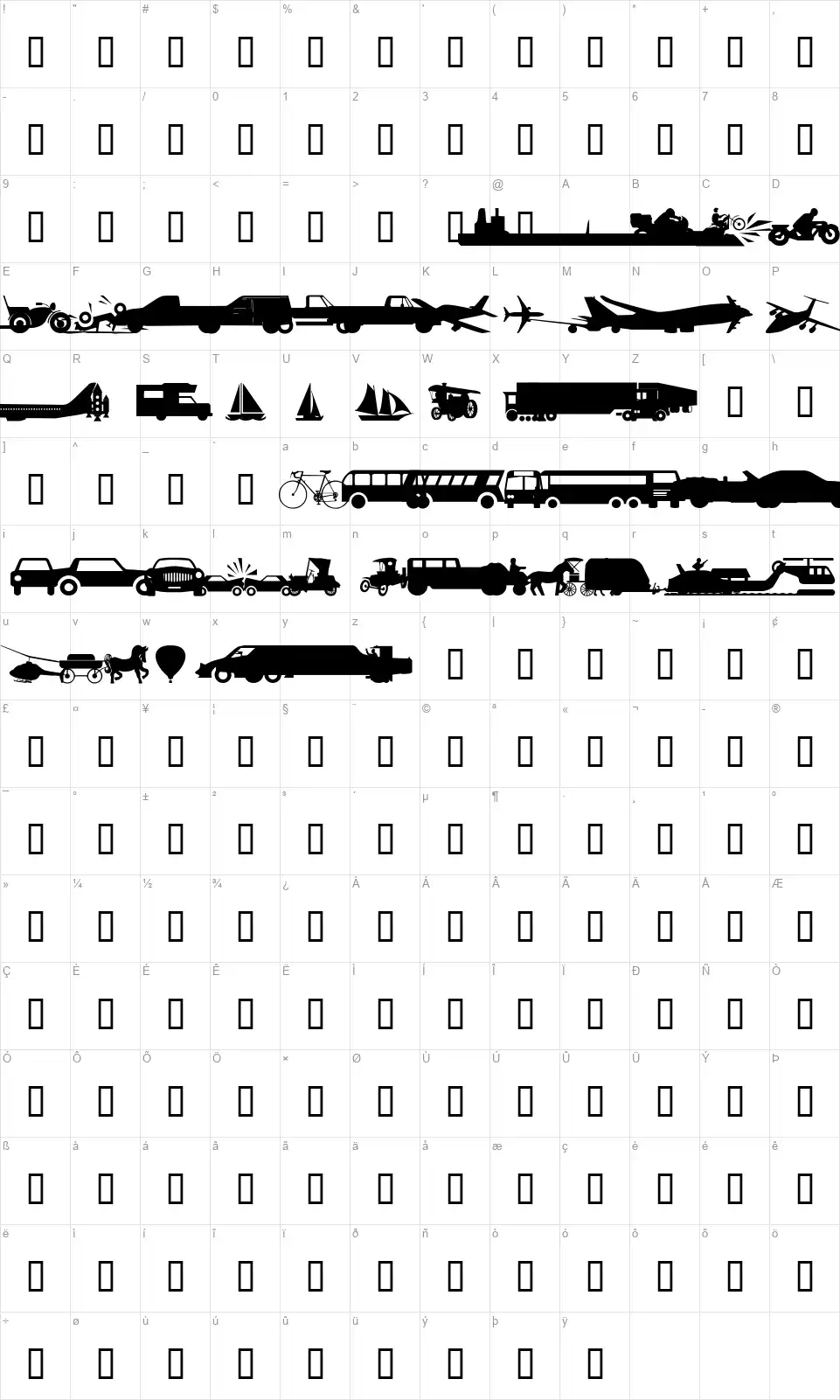 WM Transport 1font character map