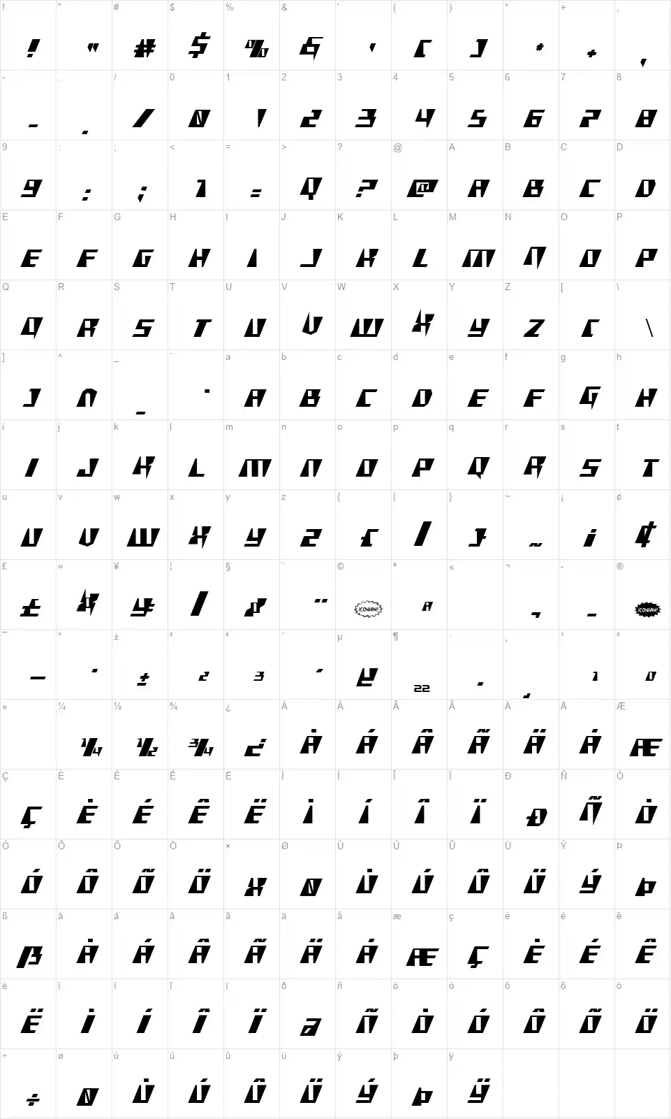 X-Racerfont character map