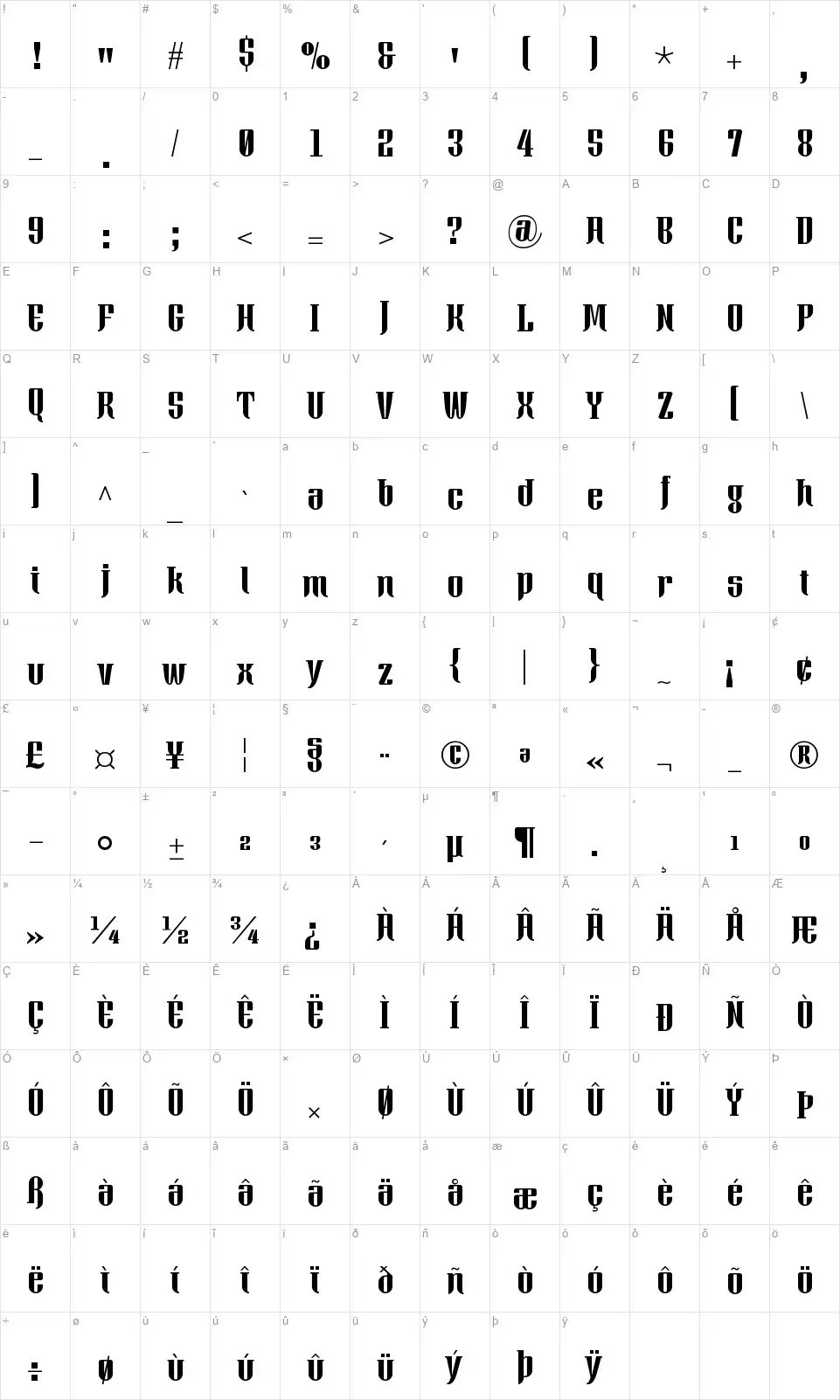Xacosefont character map