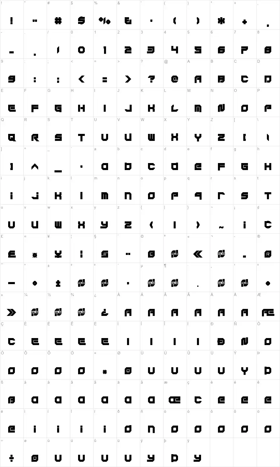 Xodohtro-Nufont character map