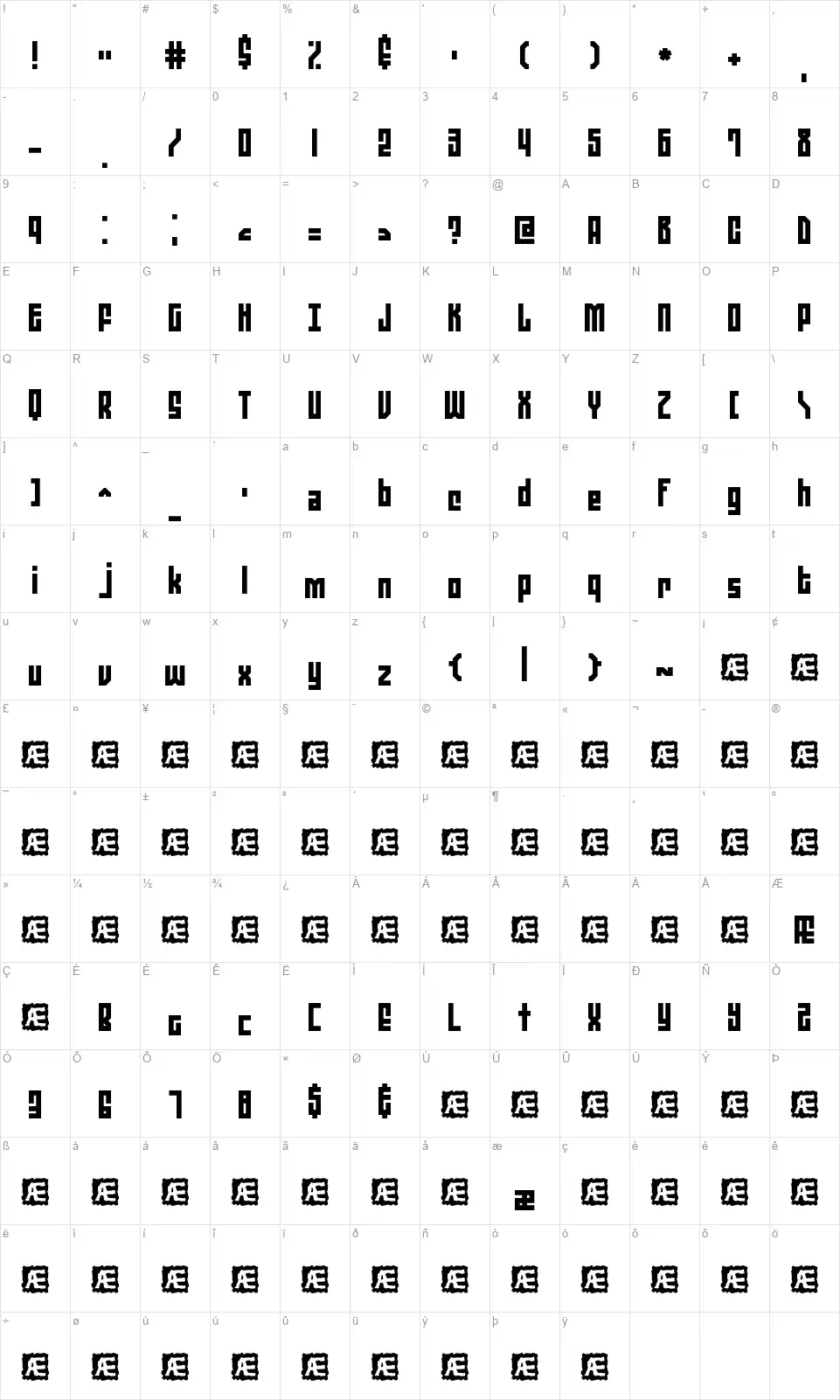 Zephyrean BRKfont character map